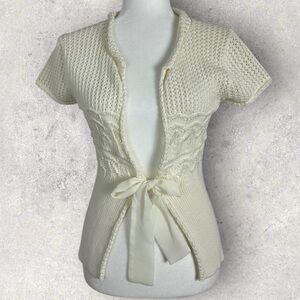 April Cornell White Crochet Lace Knit Short Sleeve Tie Front Cardigan Sweater XS